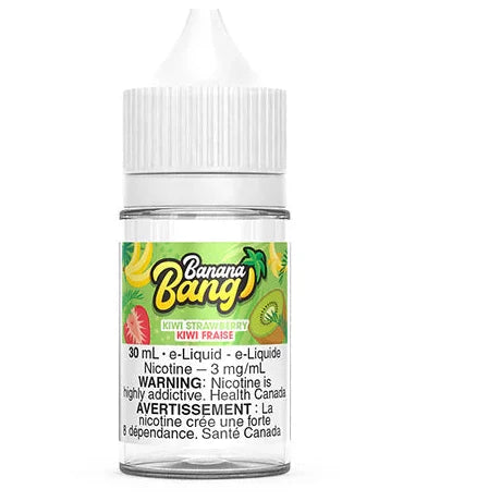 A bottle of Banana Bang baking flavor extract in kiwi strawberry flavor, 30ml size, with a label that includes the brand name and a warning about the product's heat sensitivity.