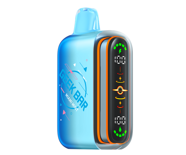 A light blue and orange Geek Bar vape device with a digital display screen, shown on a plain white background.