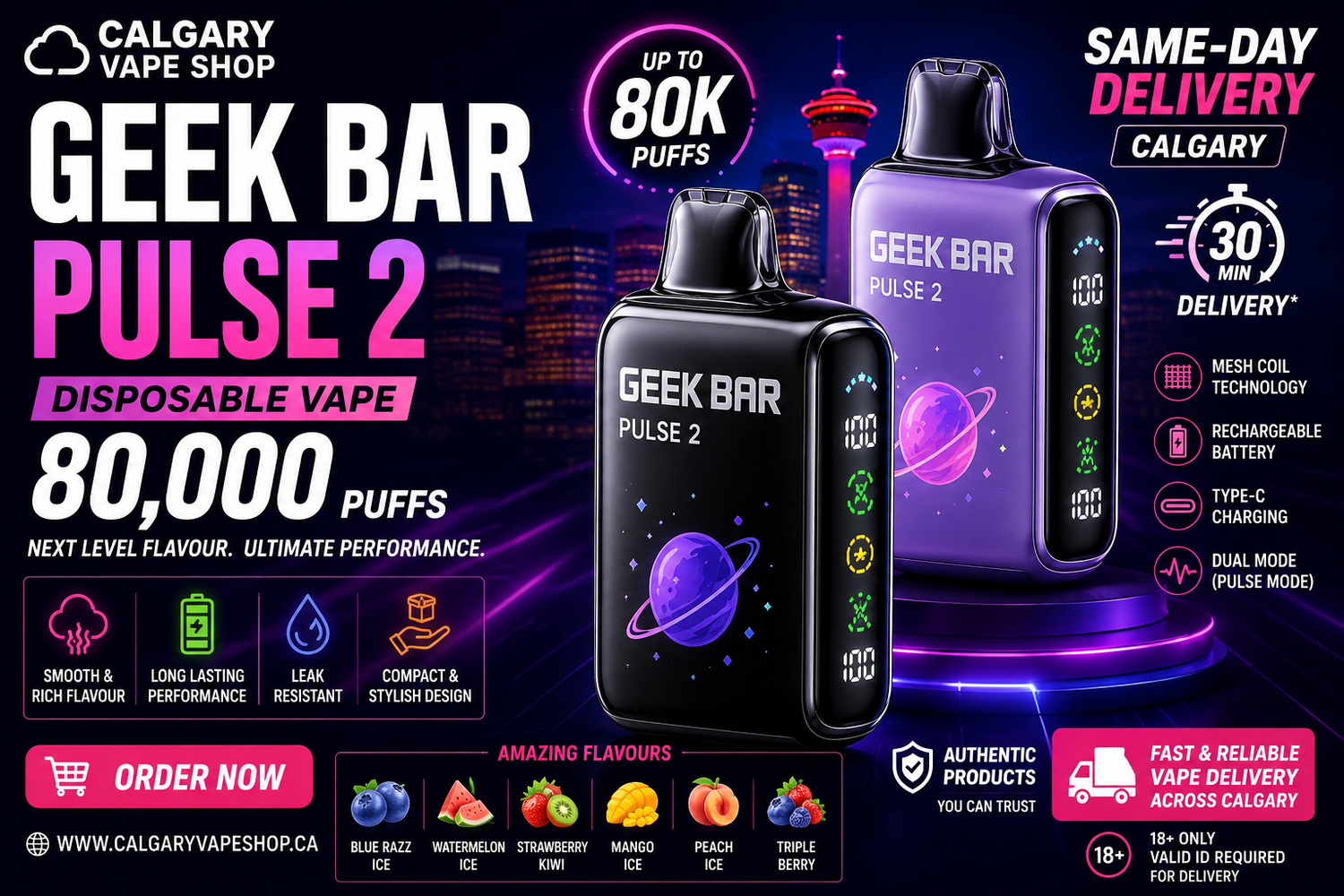 GEEK BAR PULSE 2 Disposable 80,000 Puffs available at Calgary Vape Shop with same-day vape delivery.