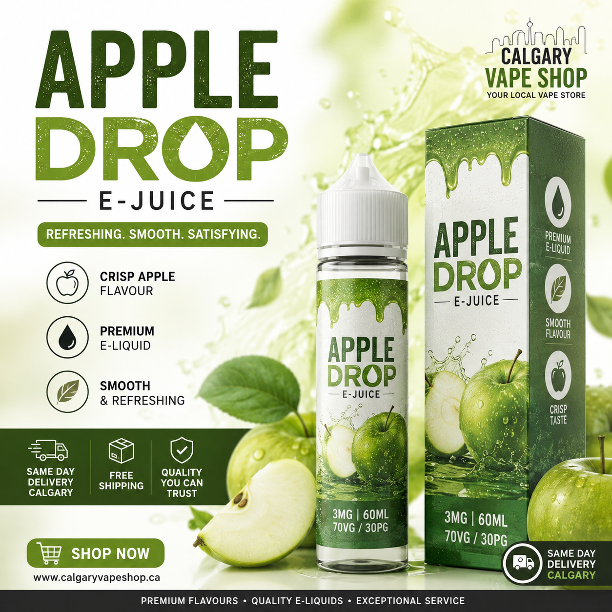Apple Drop E-Juice bottle and box with fresh green apples at Calgary Vape Shop