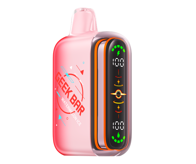 A pink disposable vape device with a digital display screen showing battery and temperature levels, featuring the 'GEEK BAR' brand logo on the side.