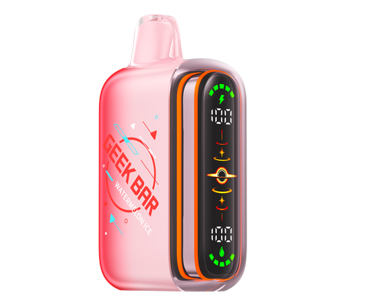 A pink disposable vape device with a digital display screen showing battery and temperature levels, featuring the 'GEEK BAR' brand logo on the side.