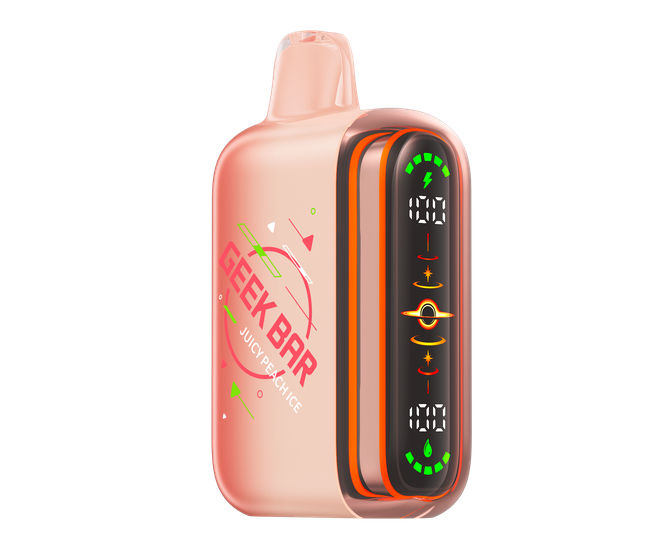 A GEEK BAR disposable vape device in a translucent peach-pink color with a black screen panel showing green and orange graphics, set against a plain white background.