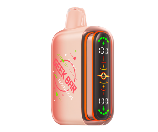 A GEEK BAR disposable vape device in a translucent peach-pink color with a black screen panel showing green and orange graphics, set against a plain white background.
