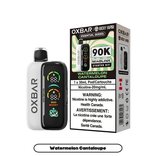 OXBAR vape device and packaging with 'Rocky Vapor' branding on a white background
