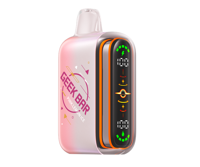 A pink and white Geek Bar vape device with a digital display screen showing 100% battery, set against a plain white background. 